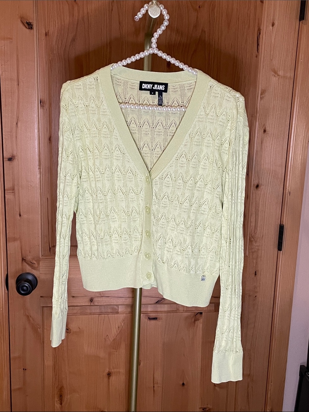 Dkny Pale Green Openwork V-Neck Cardigan Size M